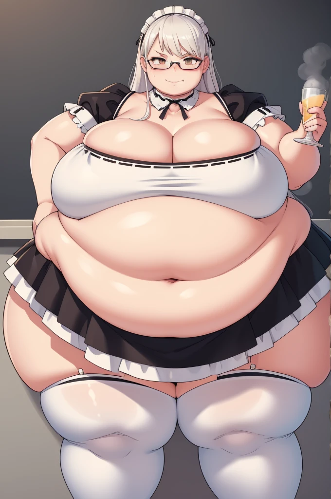 (masterpiece, best quality:1.4), illustration, 8k, hd, 1girl, solo, elegant_long_hair, white_hair, dress, white_thighhighs, no underwear, short_sleeves, frills, apron, brown_eyes, cleavage, metal_collar, anchor_choker, maid, white maid, ((big breast, glasses, smug, hand on glasses)), (restaurant, maid cafe) bloated belly