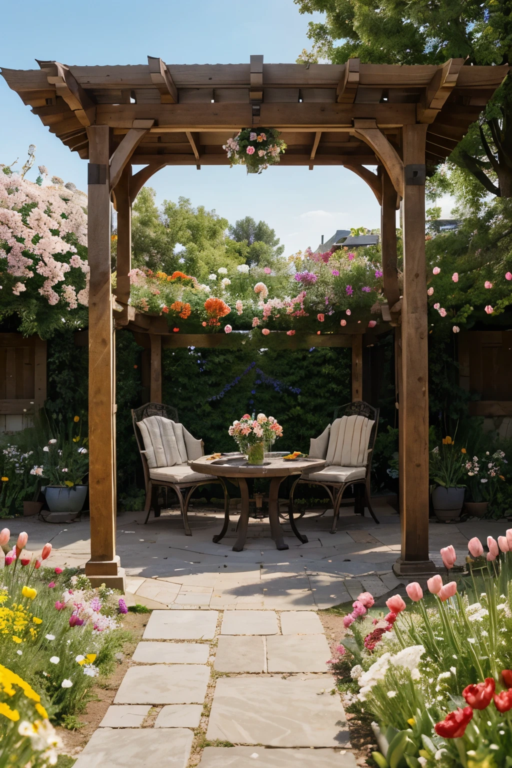 Imagine a rustic pergola standing amidst a riot of colorful flowers. Tulips in a spectrum of hues, dandelions roses all weave a tapestry of color around the structure. In the center of the pergola, a small, round table sits invitingly. The backdrop to this scene is a three-story secondary school building, its imposing structure contrasting with the delicate beauty of the flowers. The bare earth beneath the pergola adds a touch of rustic charm to the overall scene