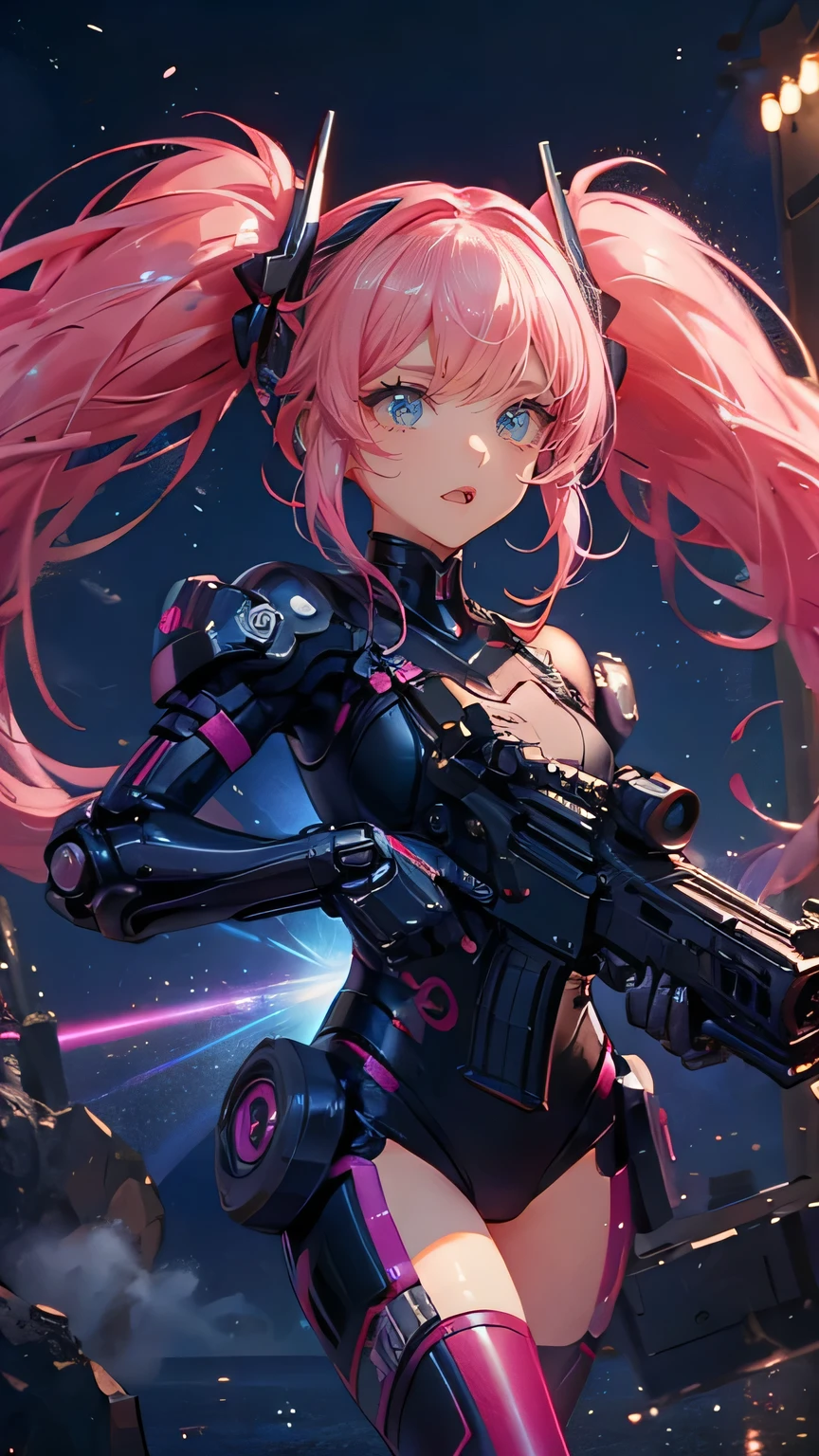 ((masterpiece)), (textured skin), ((high details)), best quality, award winning, 8k, beautiful woman, Mecha girl (pink machine parts), (mechanical body:1.2), Armament made up of complex parts, android woman, twintails, pik hair, Night sky, neon lights, megalopolis, rifle