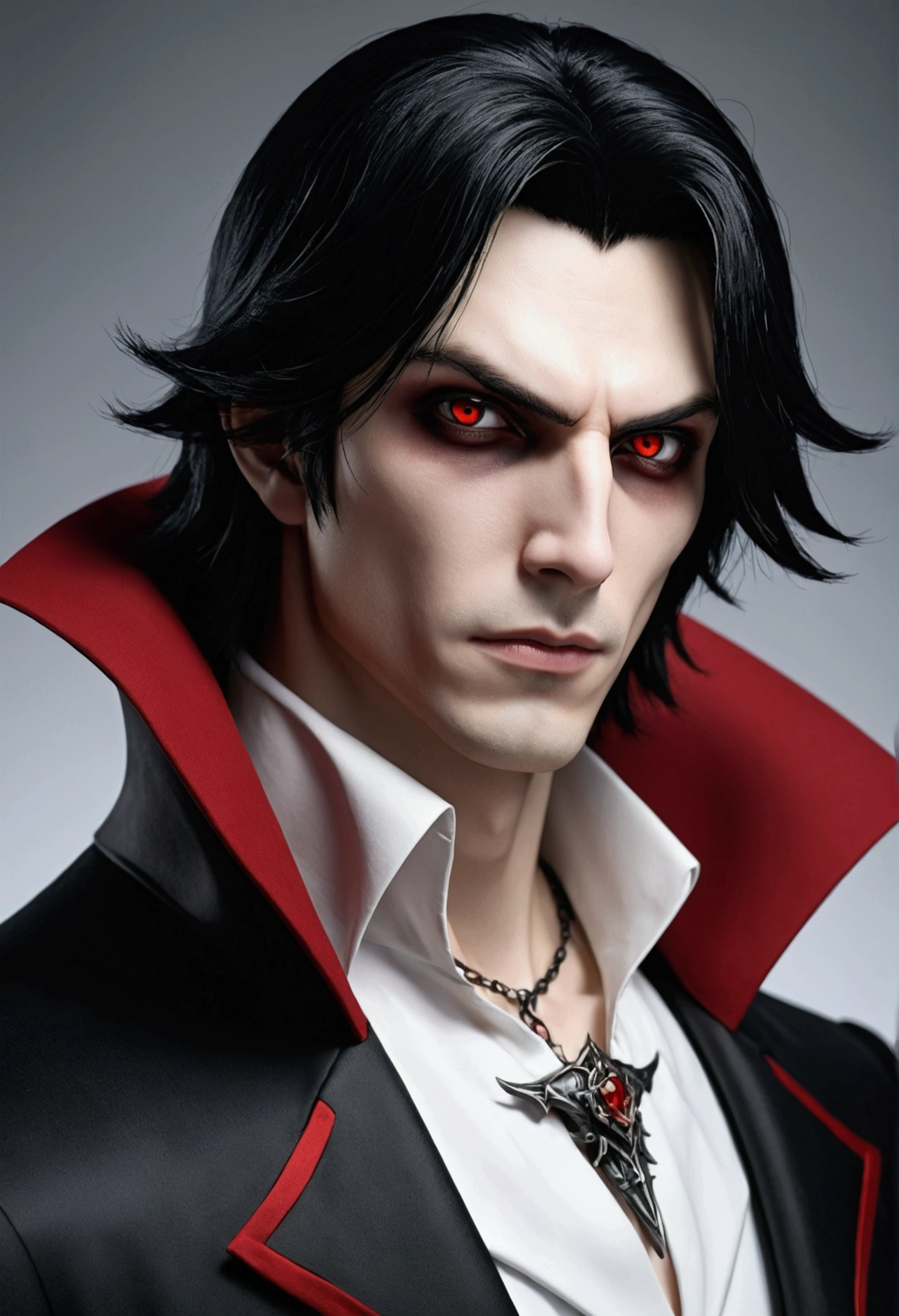 Close-up of a person with short black hair wearing a medieval white blouse and black suit, alucard, whole body, beautiful male grim reaper, vampire fashion, Detailed animated character art, Male vampire of the Banuhakim clan, whole body black and red longcoat, I&#39;m a vampire, with his long black hair, androgynous vampire, Detailed 25 year old male face, Very realistic anime red eyes no emotion, intj (english), intelligent information