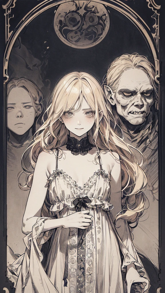 Highest quality, (Background details), High Contrast, Very beautiful  , Detailed original illustrations,very small stature、Baby Face、Villain、gnome,Villain、 Wavy platinum blonde hair、 Delicate face,  Spoiled brat、White sundress、Real breasts, Flat Chest、Crazy Smile, Crazy Eyes, Black background, (Black background: 1. 5), Beautiful line art, Monochrome
