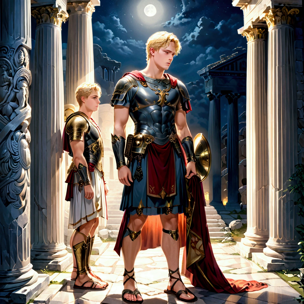 Handsome young blond man, around 20 years old, Roman soldier, wearing liturgical military uniform, Roman sandals and calf and knee pads, Ancient Greek temple, standing leaning against a pillar in thought, bowed slightly, holding helmet under one arm, weight on one leg with the other slightly bent, late night inside the temple (dark: 1.3) (unlit: 1.2), moonlight shining in at an angle and illuminating him clearly, highly detailed, photorealistic, realistic lighting, intricate architecture, ornate decor, cool color palette, golden accents, soft fabric textures, seductive facial expression, graceful pose, cinematic composition, natural lighting, realistic shadows, mysterious atmosphere, hyperrealistic, award-winning art