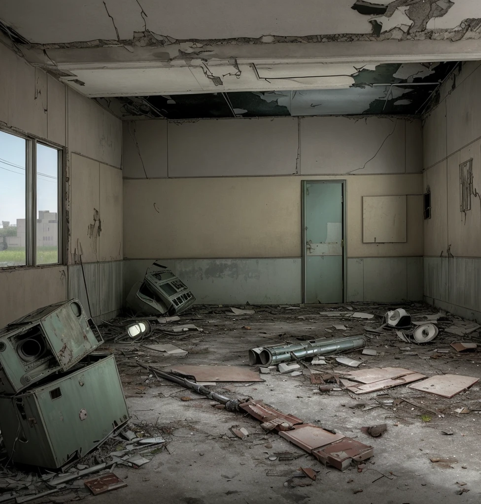 background with abandoned news television studio, post war, with missile on the ground, rusty refrigerator, broken closet doors, plants invading the environment 