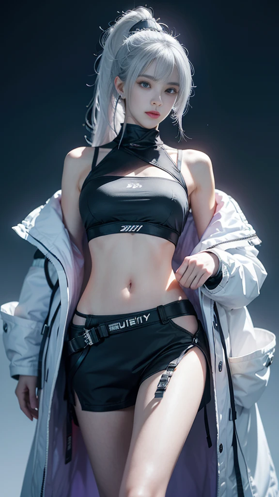 masterpiece,best quality,high resolution,8K,Focus on the thighs and above,original photo,Digital Photography,(Sci-fi style women),20 year old girl,Long ponytail hairstyle,By Bangs,(Purple Eyes),(White hair),Full breasts,Felling,Elegance and nobility,Serious and indifferent,Open white coat,Black Camisole,Rich details,shut your mouth,Show your belly button,Exquisite decoration,Cyberpunk future style,(Female Scholar),Photo poses,White background,oc render reflection texture