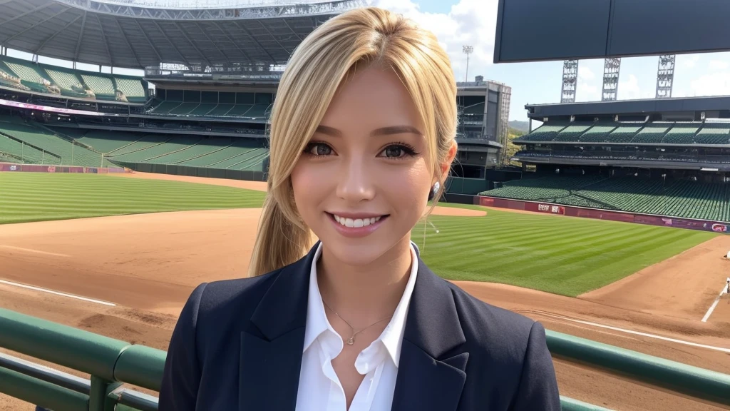 A female announcer in a suit is broadcasting live from Koshien Stadium.。Blonde ponytail。smile