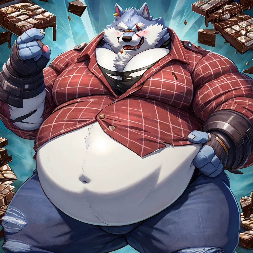 Freddy (Dislyte), male, wolf, solo, extremely fat, immobile, gigantic belly, eating chocolate messily, stuffed, straining clothes, red and white horizontal striped tee shirt, blue jeans, completely round body, big limbs, swollen cheeks, inflation, completely full, chocolate bar in hand, burping, blushing, absolutely huge stomach, blob body, straining clothes, morbidly obese, can't move, weight: blob, hi res, extra detailed, fallen forward on stomach