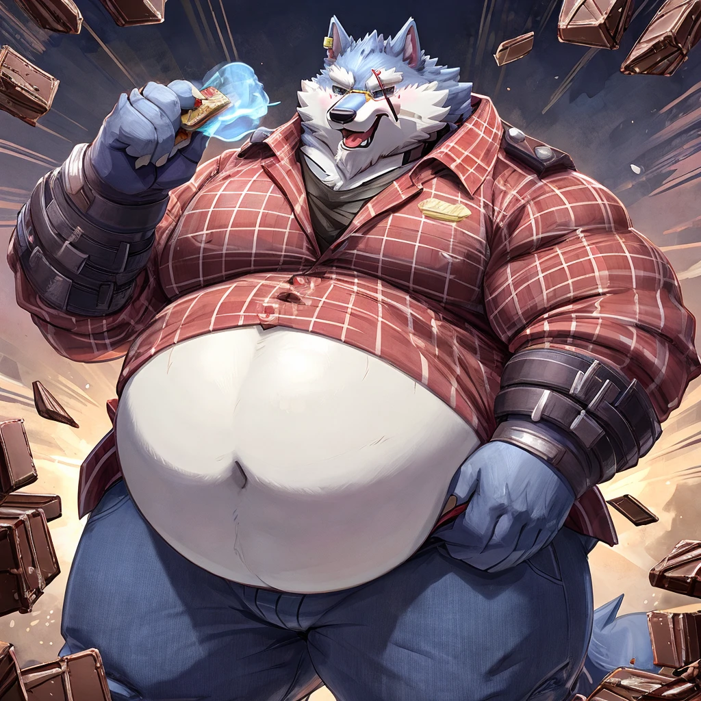 Freddy (Dislyte), male, wolf, solo, extremely fat, immobile, gigantic belly, eating chocolate messily, stuffed, straining clothes, red and white horizontal striped tee shirt, blue jeans, completely round body, big limbs, swollen cheeks, inflation, completely full, chocolate bar in hand, burping, blushing, absolutely huge stomach, blob body, straining clothes, morbidly obese, can't move, weight: blob, hi res, extra detailed, fallen forward on stomach