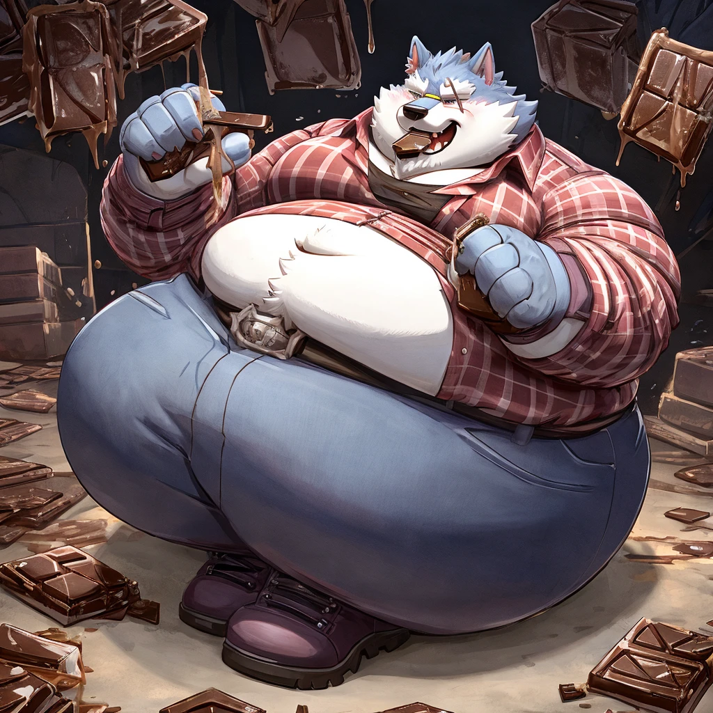 Freddy (Dislyte), male, wolf, solo, extremely fat, immobile, gigantic belly, eating chocolate messily, stuffed, straining clothes, red and white horizontal striped tee shirt, blue jeans, completely round body, big limbs, swollen cheeks, inflation, completely full, chocolate bar in hand, burping, blushing, absolutely huge stomach, blob body, straining clothes, morbidly obese, can't move, weight: blob, hi res, extra detailed, fallen forward on stomach