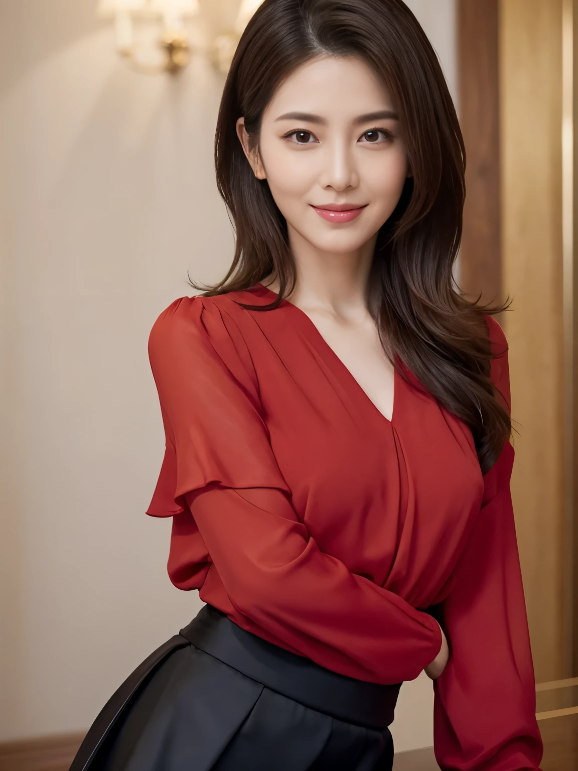 (Raw Photo), (Photorealsitic), (Masterpiece), (Best Quality), High Resolution, 8K, (Intricate Details), (Voluminous Light), Portrait, Female, (50 Years Old), Medium Straight Hair, Layered hair, brown hair, very fine eyes, source order, very fine eyebrows, very fine skin, very fine mouth, very fine nose, like an idol, happy smile, (thick lips), (looking at the viewer), (elegant vivid vermilion blouse, black skirt), waist shot, (Random body orientation),