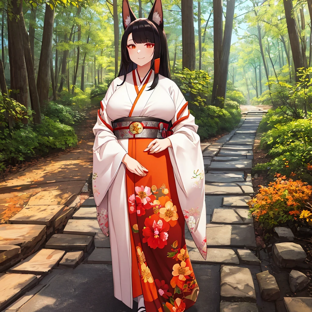 A woman wearing a white kimono with drawings of autumn flowers, walking on a walk in a forest in the autumn period, Japanese shoes, orange eyes, black hair, kitsune ears, kitsune tails, multi-tails, smiling, big breasts, posture standing, daytime location, a view of the forest, background with orange filter,.UHD , prime work , accurate , anatomically correct , textured skin , super details , high quality , best quality, 8k, high resolution, bokeh effect. (woman solo)
