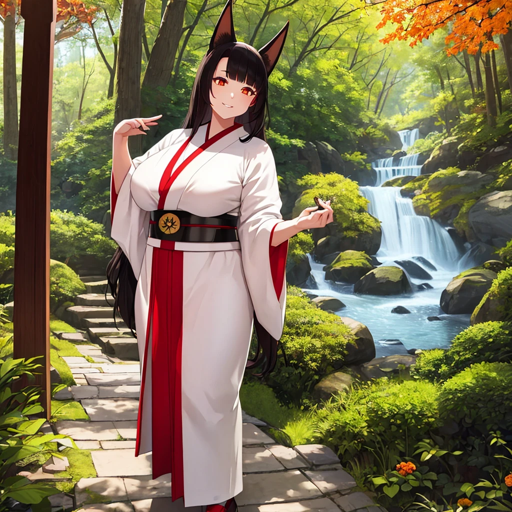 A woman wearing a white kimono with drawings of autumn flowers, walking on a walk in a forest in the autumn period, Japanese shoes, orange eyes, black hair, kitsune ears, kitsune tails, multi-tails, smiling, big breasts, posture standing, daytime location, a view of the forest, background with orange filter,.UHD , prime work , accurate , anatomically correct , textured skin , super details , high quality , best quality, 8k, high resolution, bokeh effect. (woman solo)
