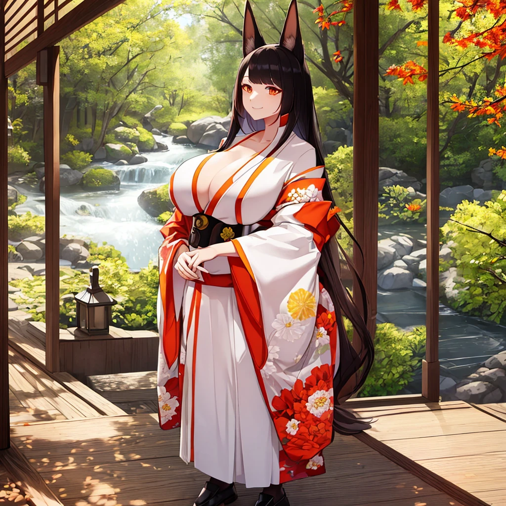 A woman wearing a white kimono with drawings of autumn flowers, walking on a walk in a forest in the autumn period, Japanese shoes, orange eyes, black hair, kitsune ears, kitsune tails, multi-tails, smiling, big breasts, posture standing, daytime location, a view of the forest, background with orange filter,.UHD , prime work , accurate , anatomically correct , textured skin , super details , high quality , best quality, 8k, high resolution, bokeh effect. (woman solo)
