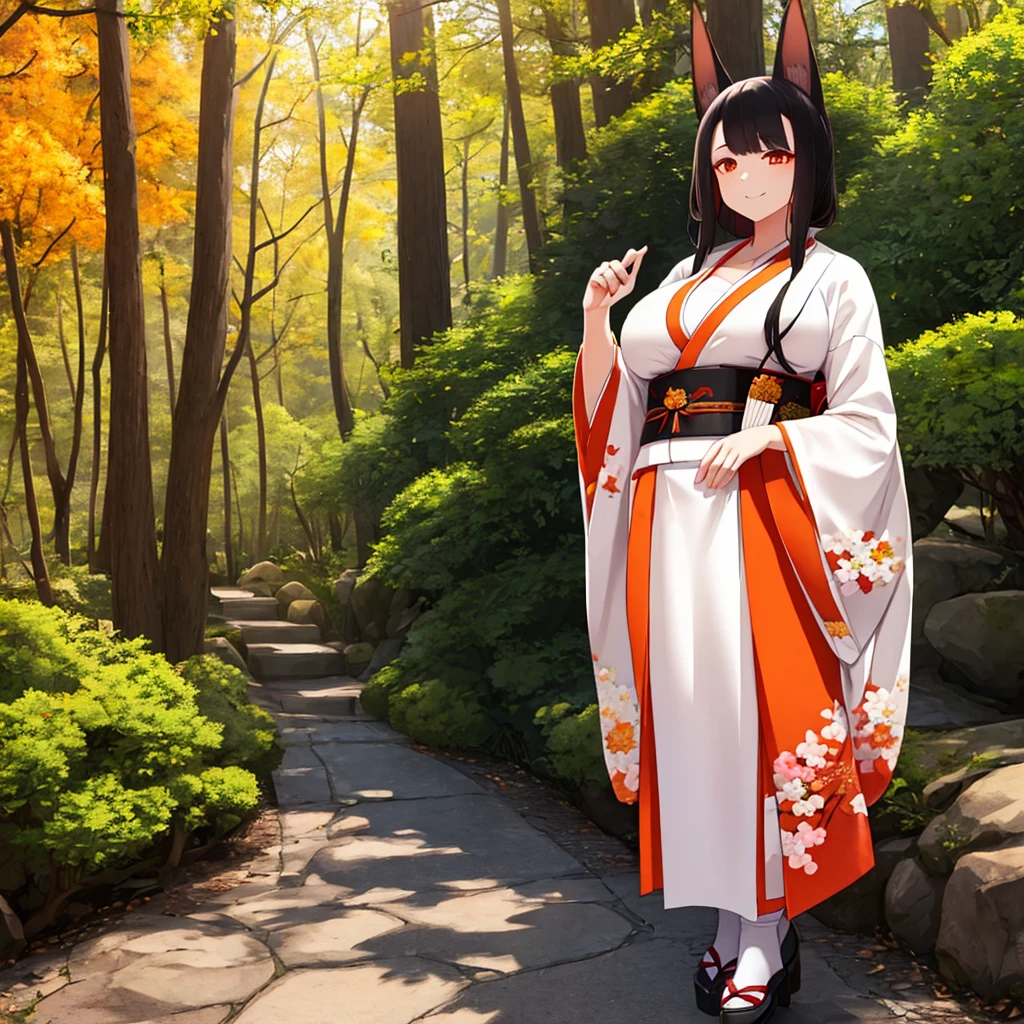 A woman wearing a white kimono with drawings of autumn flowers, walking on a walk in a forest in the autumn period, Japanese shoes, orange eyes, black hair, kitsune ears, kitsune tails, multi-tails, smiling, big breasts, posture standing, daytime location, a view of the forest, background with orange filter,.UHD , prime work , accurate , anatomically correct , textured skin , super details , high quality , best quality, 8k, high resolution, bokeh effect. (woman solo)
