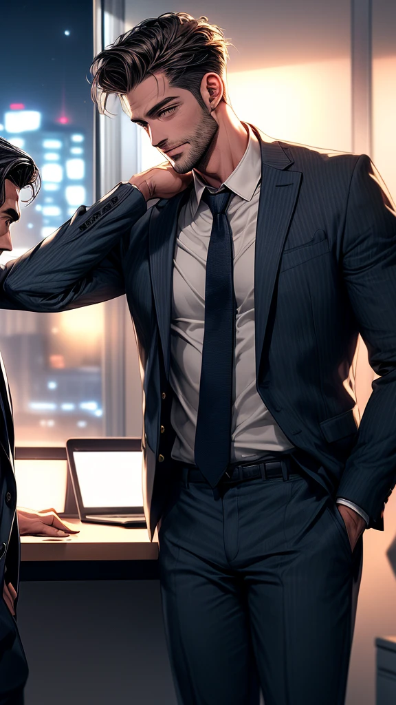 Two handsome men having a friendly discussion in an office at night