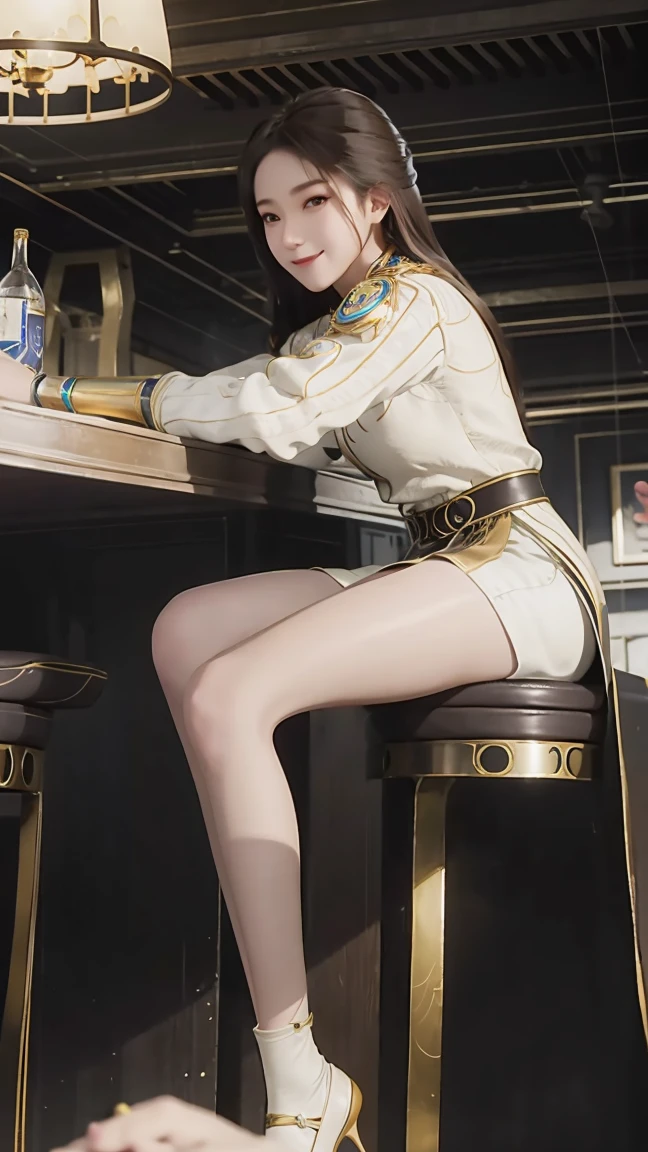 ((Shot in the knee)), ((From below)),A young girl, wear a skirt，At the bar, sit on the chair, Cross your legs, Turn sideways over the body，Long white legs，Happy smile