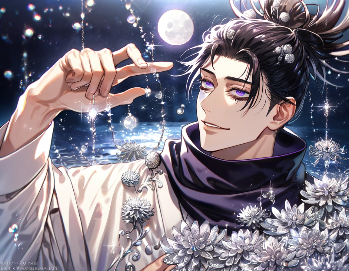 absurdres, highres, ultra detailed, HDR, master piece, best quality, extremely detailed, Choso, black hair, hair tied in two spiked high ponytails, expressive purple eyes, Jujutsu Kaisen, solo, sexy man, handsome, smile, white clothes, black scarf, fantasy, water, sparkling, silver glittering fireflies, silver moon, silver blossoms, silver chrysanthemums, silver sparkling lights, starry sky, magical
