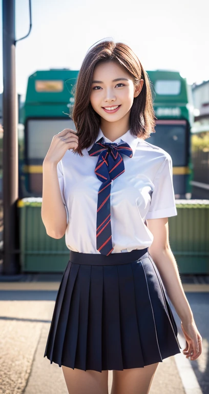 (a beautiful eurasian lady posing at SLAMDUNK railway crossing of Kamakura Kokomae Station, Age 23, (((full bodyesbian))), ((Girls' High School Uniforms)), red pleated skirt, short_bob_hair_ponytail, Dimples, friendly & kind smile, snaggle-tooth, realistic skin textures, healthy body proportion, hyper-realism, photorealistic, beautiful detailed eyes, high contrast, ultra HD, top image quality, fine details, very meticulously, masterpiece, the_cowboy_shot, bokeh background, Windy morning dawn) #Slam Dunk #Slam Dunk#Mitsui Hisashi