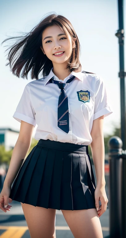 (a beautiful eurasian lady posing at SLAMDUNK railway crossing of Kamakura Kokomae Station, Age 23, (((full bodyesbian))), ((Girls' High School Uniforms)), red pleated skirt, short_bob_hair_ponytail, Dimples, friendly & kind smile, snaggle-tooth, realistic skin textures, healthy body proportion, hyper-realism, photorealistic, beautiful detailed eyes, high contrast, ultra HD, top image quality, fine details, very meticulously, masterpiece, the_cowboy_shot, bokeh background, Windy morning dawn) #Slam Dunk #Slam Dunk#Mitsui Hisashi