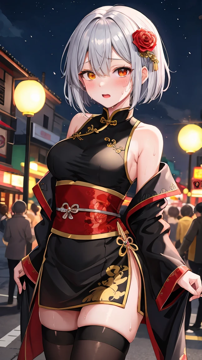 Young girl , short silver bob hair, hair flower, sharp bangs between the eyes, she is heterochromatic, ((left eye yellow)) ((red right eye)) eyes large, provocative look, obscene expression, black neck collar, traditional chinese imperial clothing black with gold details, red mini skirt,((black thigh high socks.)) medium breasts. lumbar angle. japanese city, outdoor city, city at night, with full moon in the background, light reflecting on the sexy and sweaty body. (((sweat))) (work of art:1.2,) (best qualityer.)