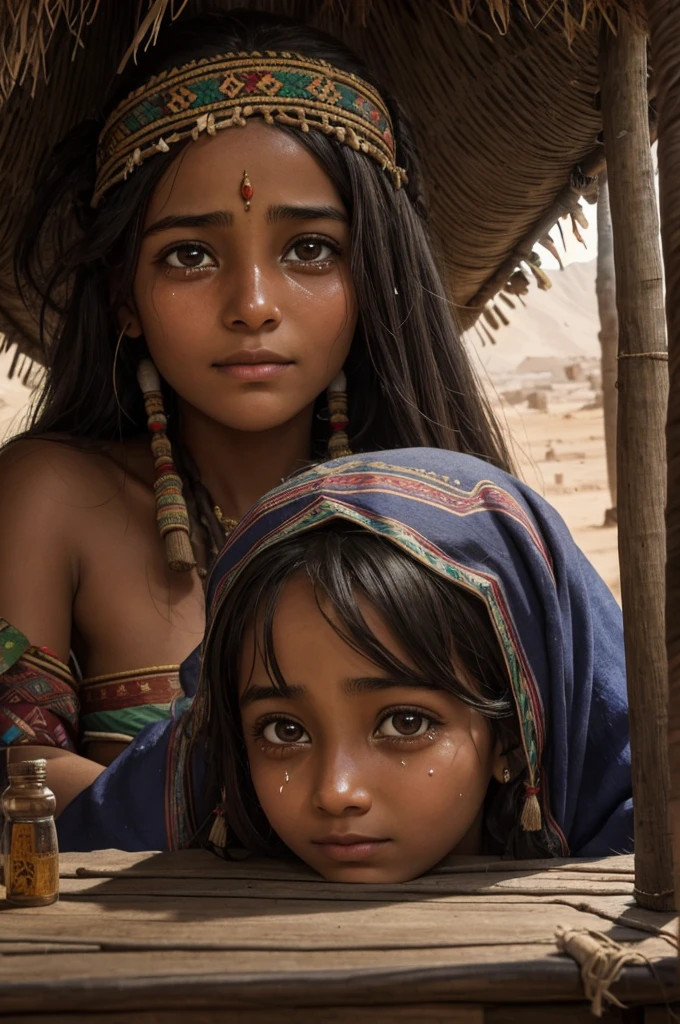 Render a close-up of Amina’s face, tears welling up in her eyes as she watches over her mother. The background shows the humble interior of their hut, with traditional decorations and herbal remedies on a small table.
