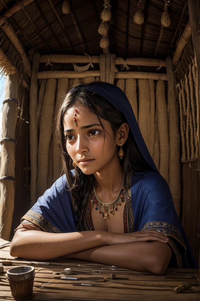 Render a close-up of Amina’s face, tears welling up in her eyes as she watches over her mother. The background shows the humble interior of their hut, with traditional decorations and herbal remedies on a small table.