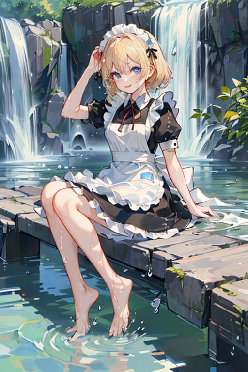 (Super best quality:1.6), (Highest quality:1.4), (Attention to detail:1.4), (Ultra-high resolution:1.6), (Detailed face), 
(Maid clothes, White apron, Headband, Black Dress, ribbon, Maid clothes, Classic, Long:1.4), (白と黒のMaid clothes), Blonde, Blue Eyes, Cat ear, cute, Small breasts, The best smile, Looks happy, Soaked from head to toe, (Water drips from the clothes:1.6), (Water Drop:1.6), (Soaked from head to toe:1.4), (全身にWater Drop:1.2), (Entering the water fully clothed, ), Water Play, Taki training, river, Being struck by a waterfall, Waterfall basin, 