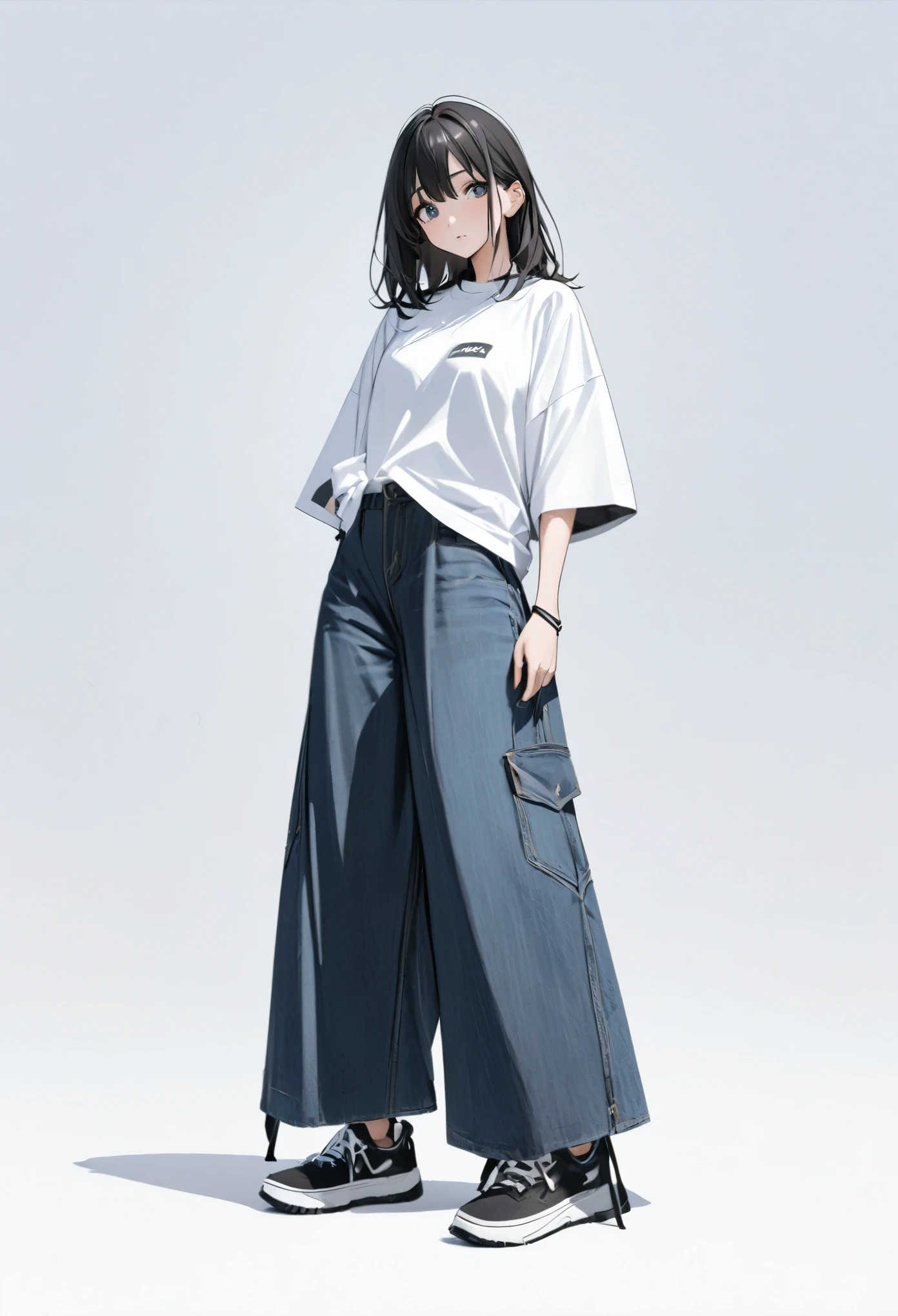 (masterpiece、Highest quality:1.2、8K)、Only one girl in the center、T-Shirts、Layered、Denim wide pants、Black sneakers、whole body、Simple Background、White background、Eyes are clearly visible