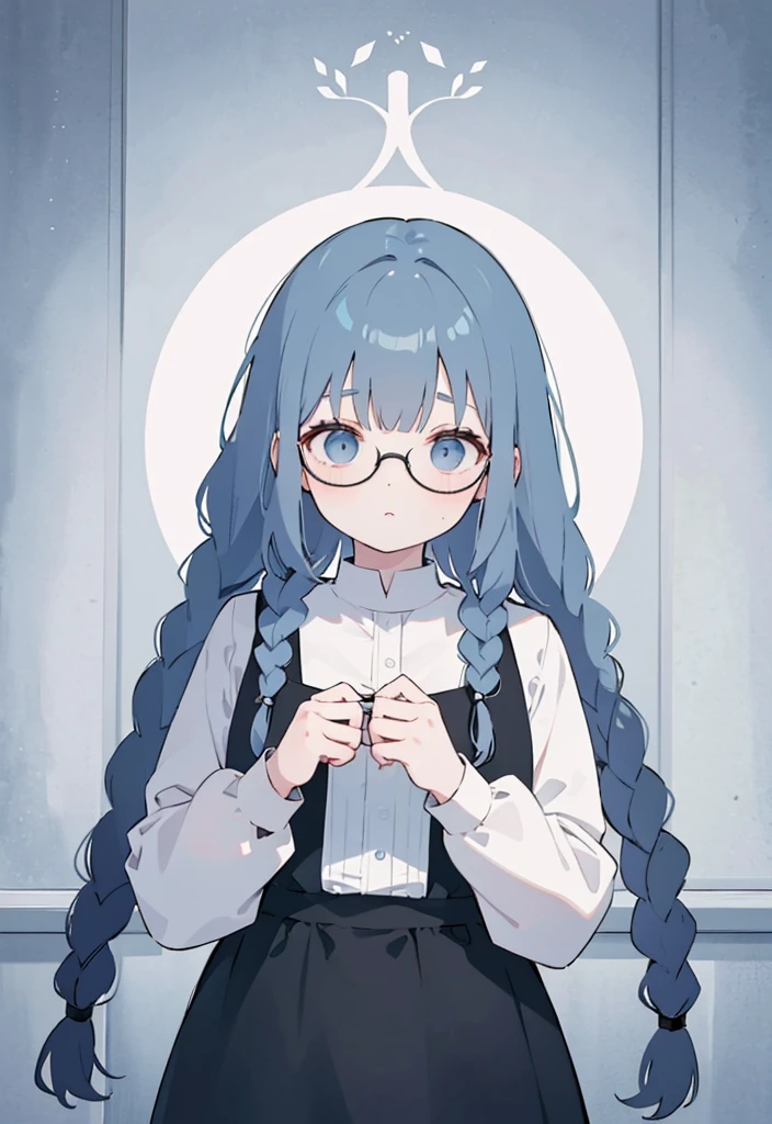 Gray and dark blue hair，With braids，Comes with a pair of thick-rimmed glasses，wearing white clothes，JK  black cloth dress，Shor a cute little ，Face shot