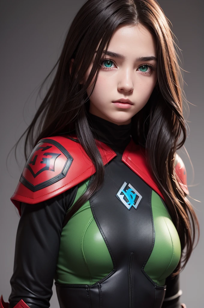 Create image of a girl, straight, dark brown hair, left eyes green, Blue right eye, black combat outfit with a red sleeve covering the right breast to the wrist, DC comic style