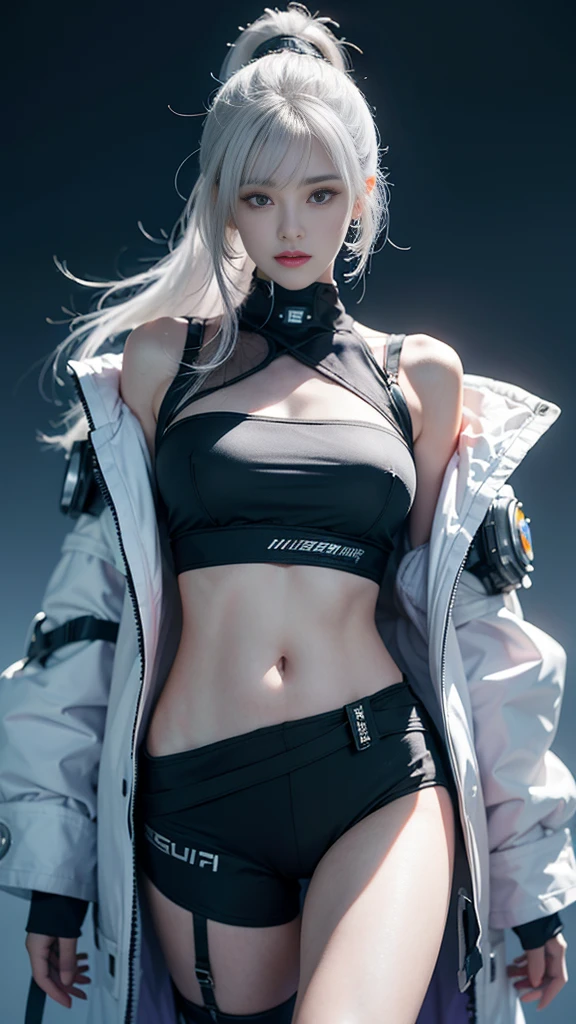 masterpiece,best quality,high resolution,8k,Focus on the thighs and above,RAW photos,digital photography,(Sci-fi style female family),20 year old girl,Long ponytail hairstyle,through bangs,(purple eyes),(white hair),plump breasts,felling,Elegant and noble,Serious and indifferent,Open white coat,Black camisole bra,Rich details,shut your mouth,show your belly button,intricate ornaments,Cyberpunk futuristic style,(female scholar),photo poses,White background,oc render reflection texture