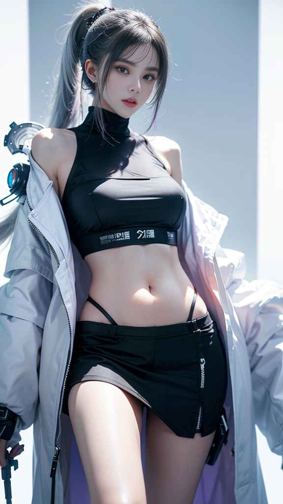 masterpiece,best quality,high resolution,8K,Focus on the thighs and above,original photo,Digital Photography,(Sci-fi style women),20 year old girl,Long ponytail hairstyle,By Bangs,(Purple Eyes),(White hair),Full breasts,Felling,Elegance and nobility,Serious and indifferent,Open white coat,Black Camisole,Rich details,shut your mouth,Show your belly button,Exquisite decoration,Cyberpunk future style,(Female Scholar),Photo poses,White background,oc render reflection texture