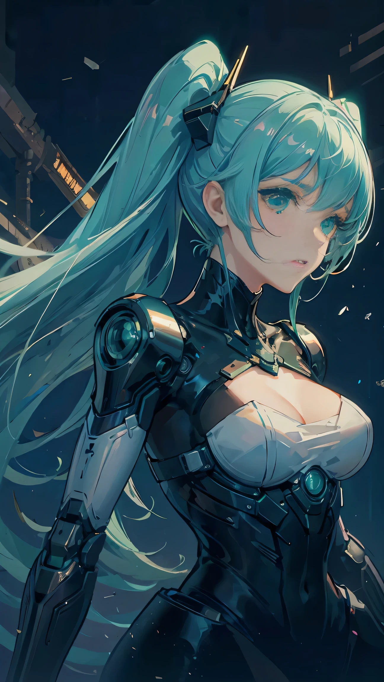 ((masterpiece)), (textured skin), ((high details)), best quality, award winning, 8k, beautiful woman, Mecha girl (green machine parts), (mechanical body:1.2), Armament made up of complex parts, android woman, twintails, pik hair, Night sky, neon lights, megalopolis, rifle