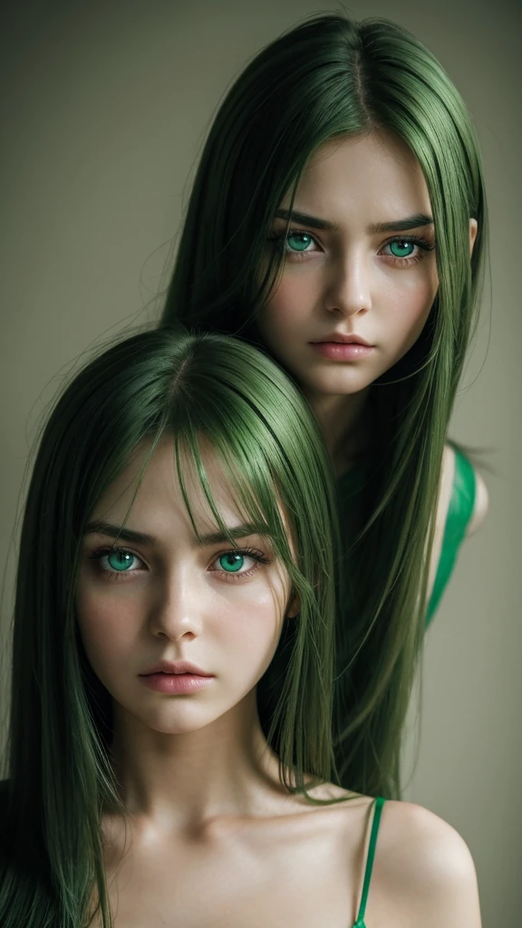 a girl. face sent feeling. Europe. Oval face. long face. delicate facial features. sad eyes. seductively seductive. green eyes. long straight hair. green hair. sad and angry expression.