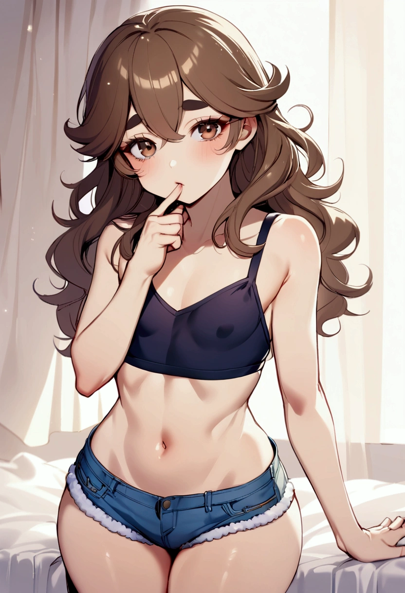 Male, boy, flat chested, femboy, very short fluffy brown wavy hair that goes down to his chin, big soft brown eyes, light skin, wide hips, plush ass, short denim shorts, loose fitting dark blue crop top, medium thick eyebrows, long lashes, bangs that that go down to his eyes, parting at each eye, no mucle defintion at all, flat stomach, soft body