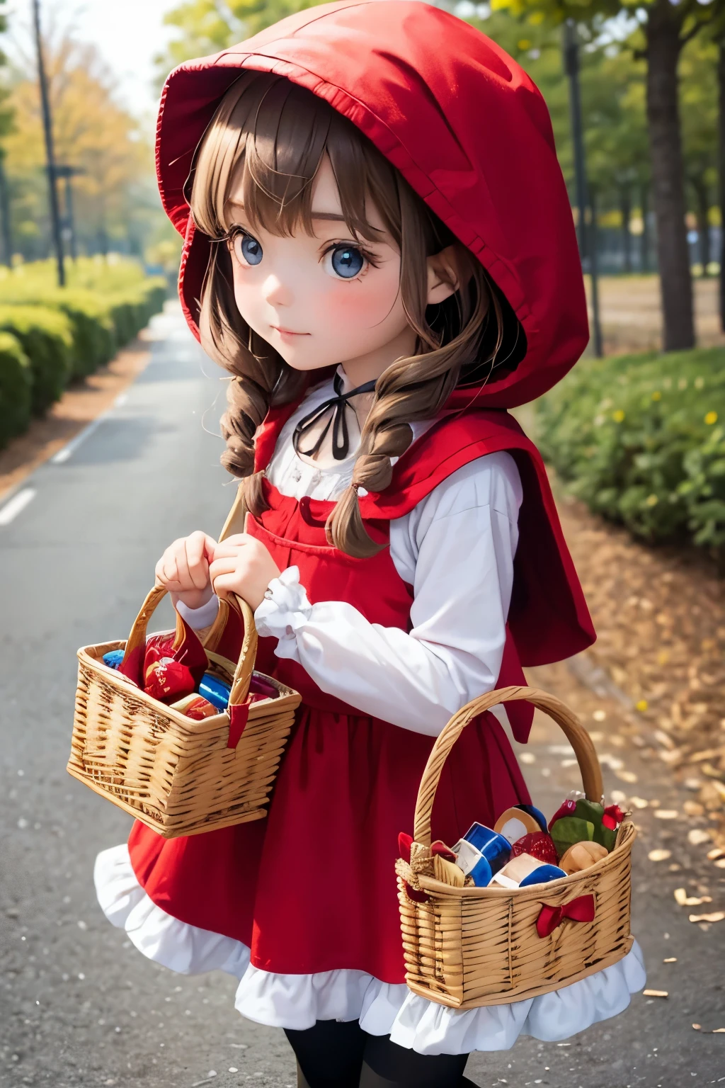 A doll dressed for an adventure、Dressed as Little Red Riding Hood、I walk along humming、It looks like a lot of fun.、Holding a basket in the left hand、The background is a forest