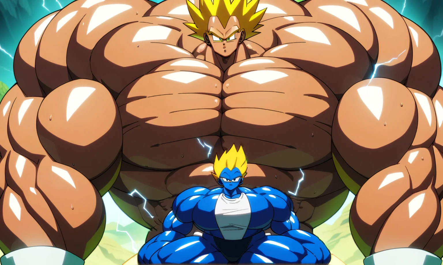 1boy, Vegeta, from Dragon Ball Z, masterpiece, best quality, very aesthetic, absurdres, saiyan, green eyes, spiked hair, (yellow hair:2), shirtless, blue skintight pants, white gloves, (huge muscles:2.5), dragonballartstyle, in the style of Akira Toriyama, outdoors, flat-top mountains, nipples, abs, yellow aura, electricity, (remove the covered part:3)