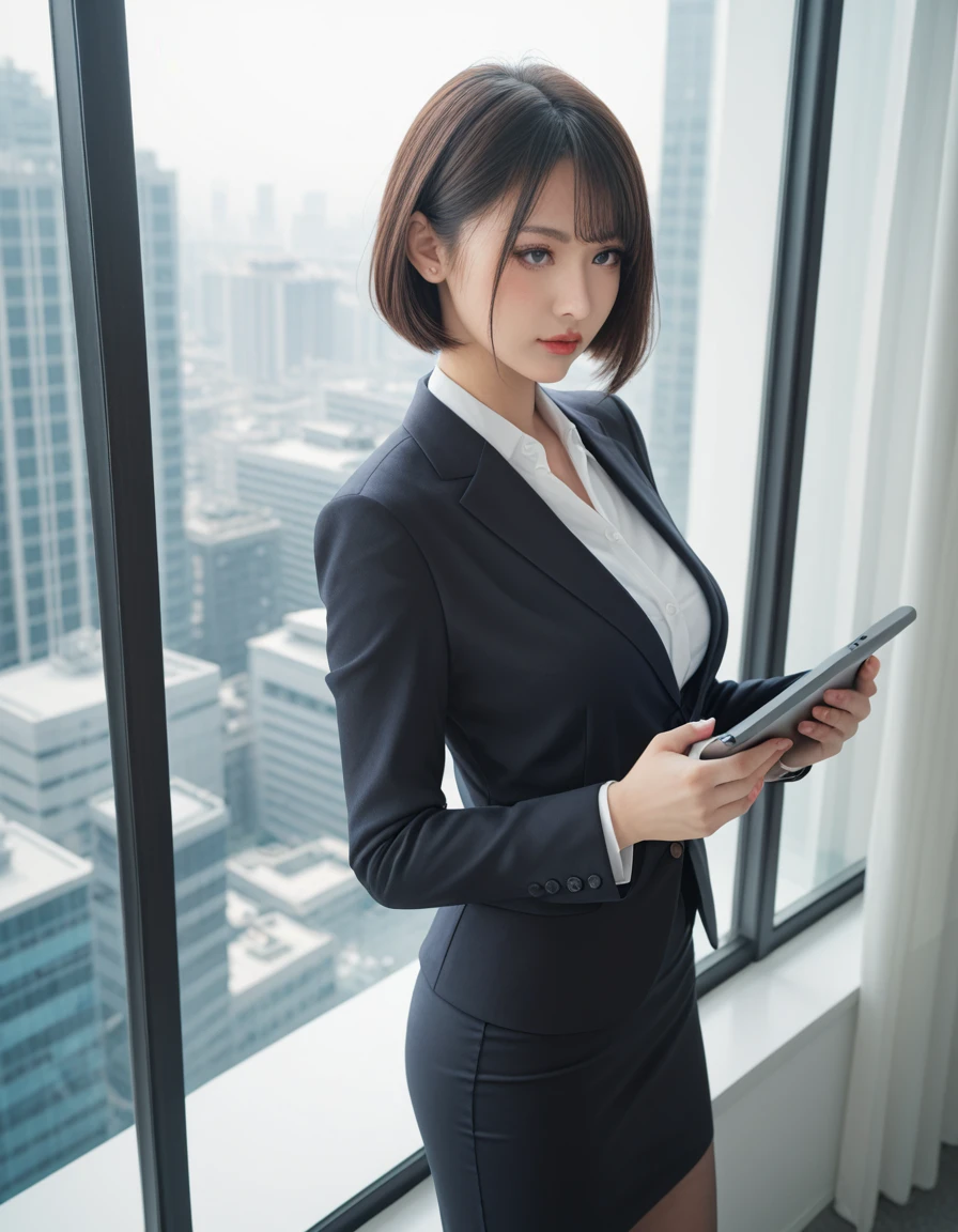 score_9, score_8_up, score_7_up,high quality,1 japanese girl, A professional Japanese office lady in a stylish business suit. She is standing in a modern office environment with large windows and a cityscape view of Tokyo in the background. She has an elegant and confident demeanor, holding a tablet in one hand and a coffee cup in the other. Her outfit is well-tailored, with a blazer and skirt, and she wears minimalistic jewelry and high heels. Her hairstyle is a sleek bob cut. The lighting is bright and natural, highlighting her professional appearance.
