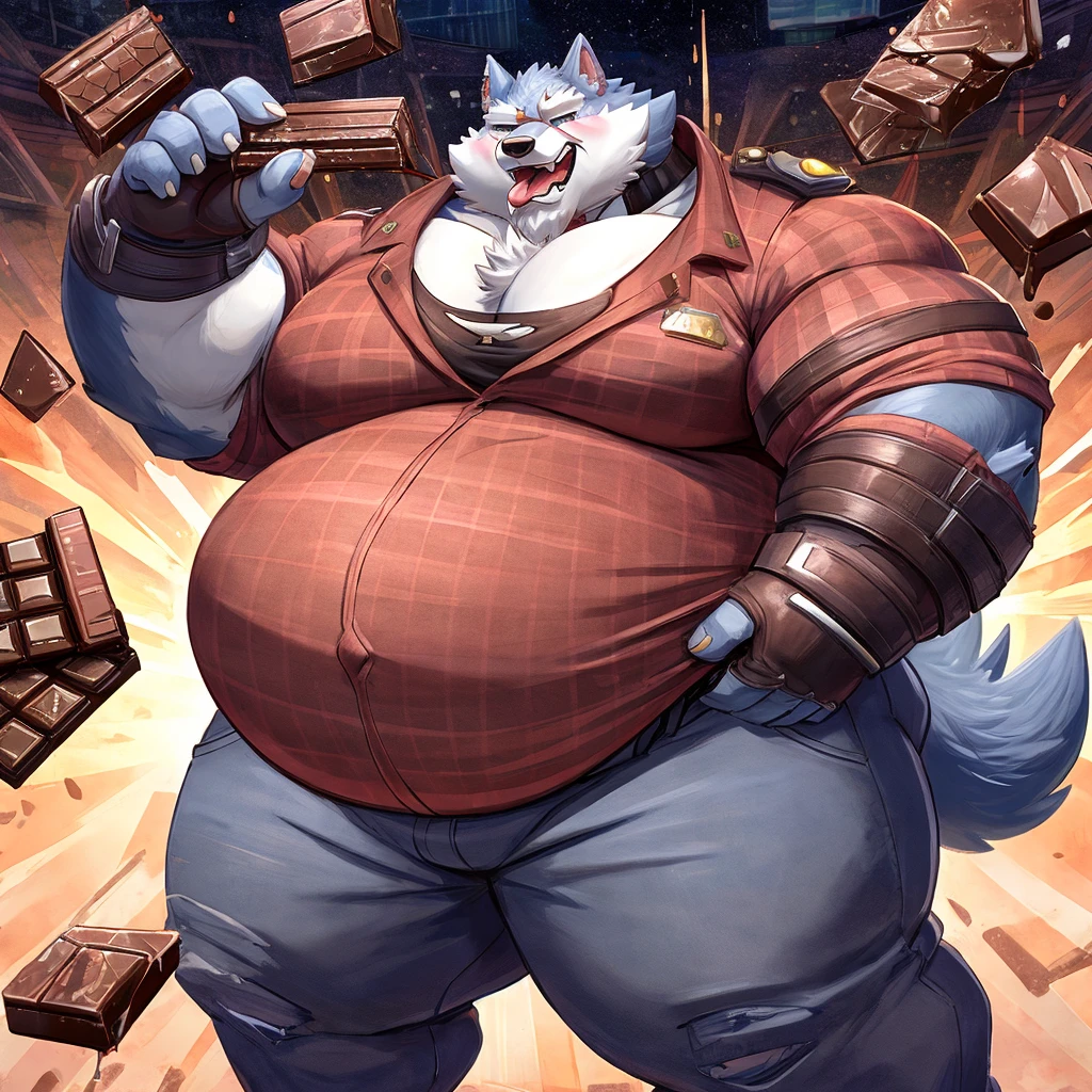 Freddy (Dislyte), male, wolf, solo, extremely fat, immobile, gigantic belly, eating chocolate messily, stuffed, straining clothes, red and white horizontal striped tee shirt, blue jeans, completely round body, big limbs, swollen cheeks, inflation, completely full, chocolate bar in hand, burping, blushing, absolutely huge stomach, blob body, straining clothes, morbidly obese, can't move, weight: blob, hi res, extra detailed, fallen forward on stomach, tight clothes