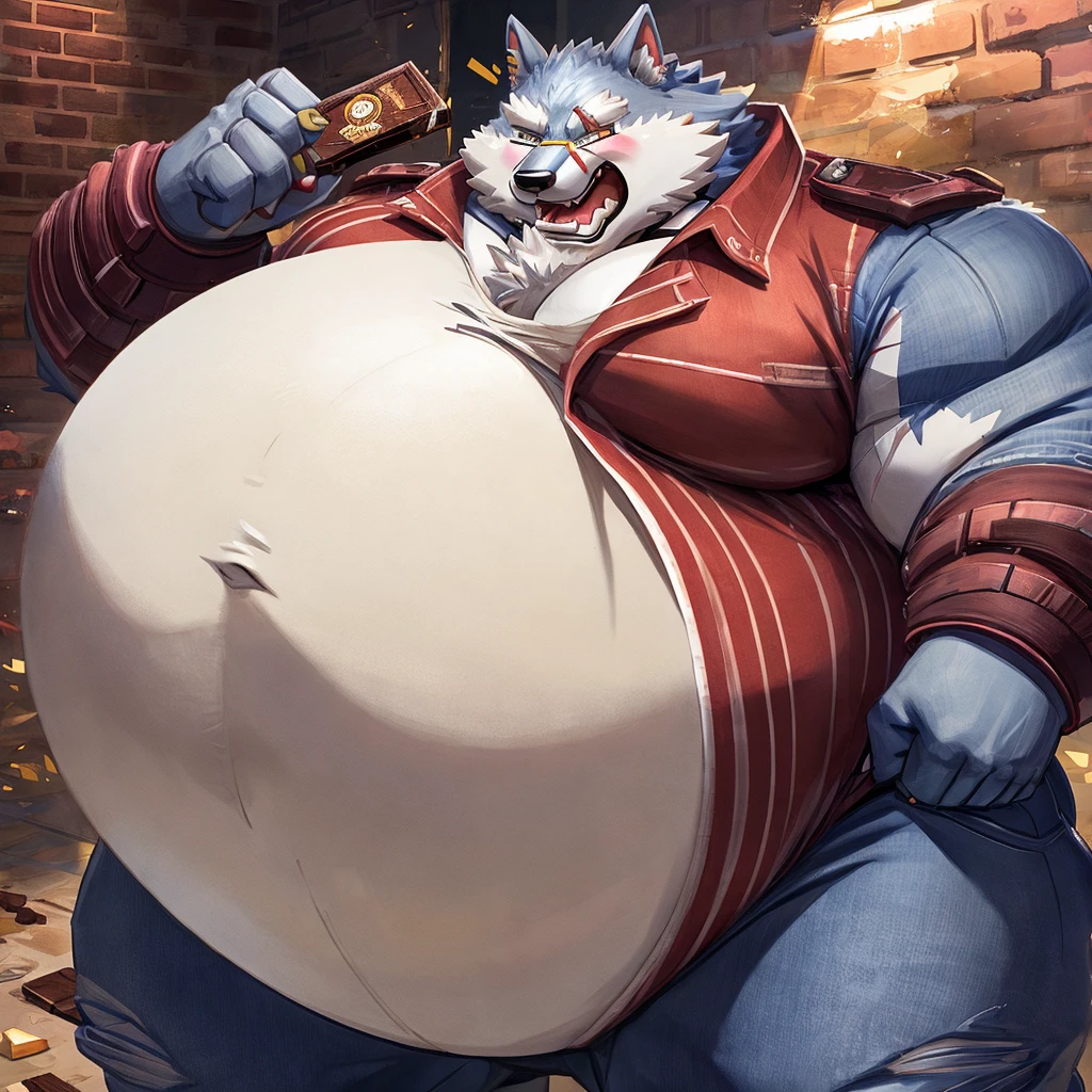 Freddy (Dislyte), male, wolf, solo, extremely fat, immobile, gigantic belly, eating chocolate messily, stuffed, straining clothes, red and white horizontal striped tee shirt, blue jeans, completely round body, big limbs, swollen cheeks, inflation, completely full, chocolate bar in hand, burping, blushing, absolutely huge stomach, blob body, straining clothes, morbidly obese, can't move, weight: blob, hi res, extra detailed, fallen forward on stomach, tight clothes