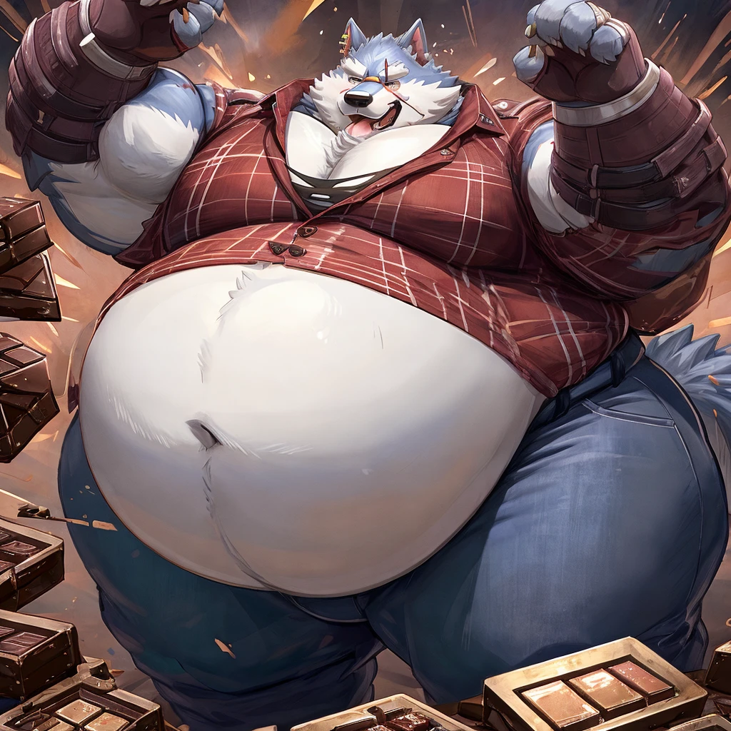 Freddy (Dislyte), male, wolf, solo, extremely fat, immobile, gigantic belly, eating chocolate messily, stuffed, straining clothes, red and white horizontal striped tee shirt, blue jeans, completely round body, big limbs, swollen cheeks, inflation, completely full, chocolate bar in hand, burping, blushing, absolutely huge stomach, blob body, straining clothes, morbidly obese, can't move, weight: blob, hi res, extra detailed, fallen forward on stomach, tight clothes