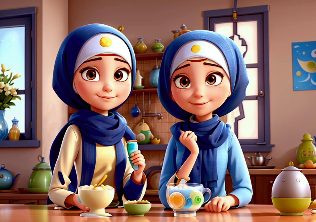 All the decor is modern and beautiful. A beautiful girl with a modern Islamic hijab tied to her neck. A character alone in the kitchen with no one else with her. A cartoon in the Disney Pixar style. She eats a cup of milk tea and two fried eggs in the morning. 