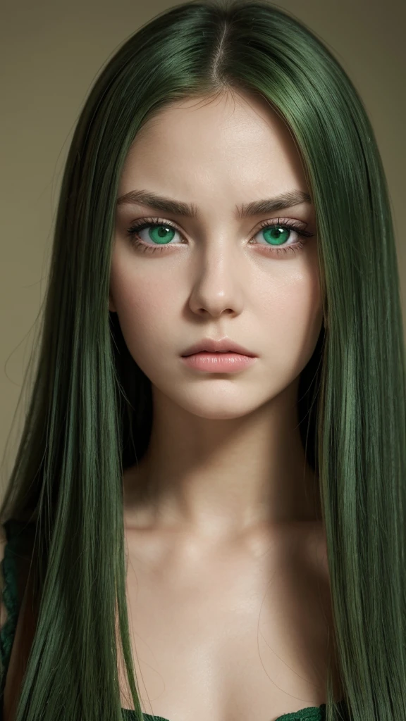a girl. face sent feeling. Europe. Oval face. long face. delicate facial features. sad eyes. seductively seductive. green eyes. long straight hair. green hair. sad and angry expression.