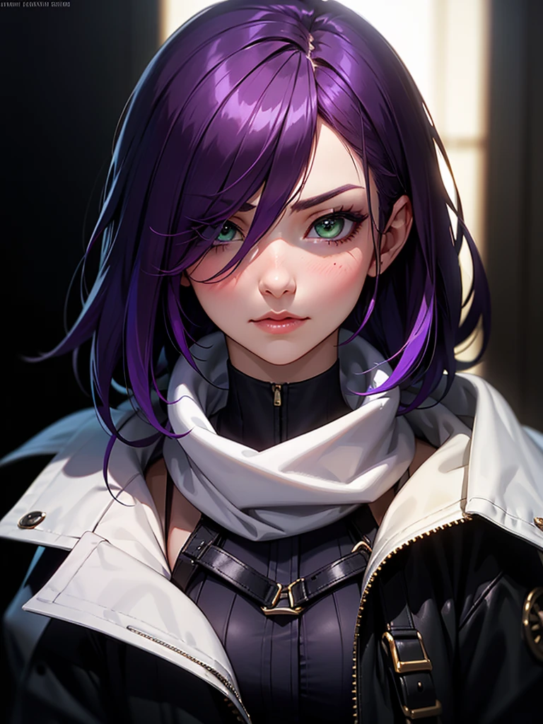 ((Portrait)), She has an Elegant, Purple-Haired Appearance, with Youthful Charm, Fair Skin, and a Muscular Build. She Expresses a Serious and Blushing Look, Giving Off an Introverted Attitude. She has Light Green Eyes, and Her Hair is Short and Neat, Dark Purple, with Strands Falling Over Her Face, Covering Her Eye. She Wears a Large Dark Winter Coat, with Tight-fitting Straps. ((Portrait, HDR, Dark Background))