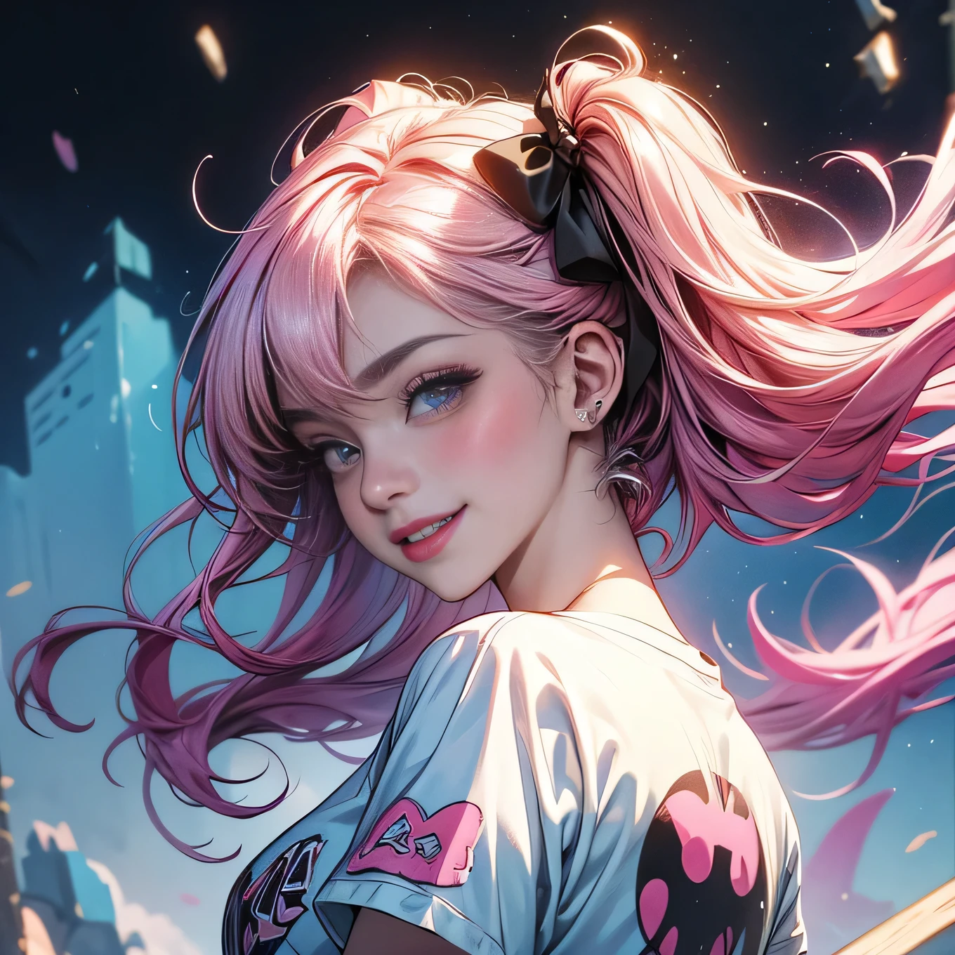 masterpiece, best quality, ultra detailed, exquisite, beautiful, female, abstract splatter, delightful, grinning, jumping, looking back, two side up, pink hair, t-shirt, shorts, Scene of Pleasure, art academia, vibrant academia, kawaiipunk, anime, hard-edged, splatter watercolor, graffiti, spray paint, full body shot, from front, dynamic angle, wide view,4Kグラフィック,