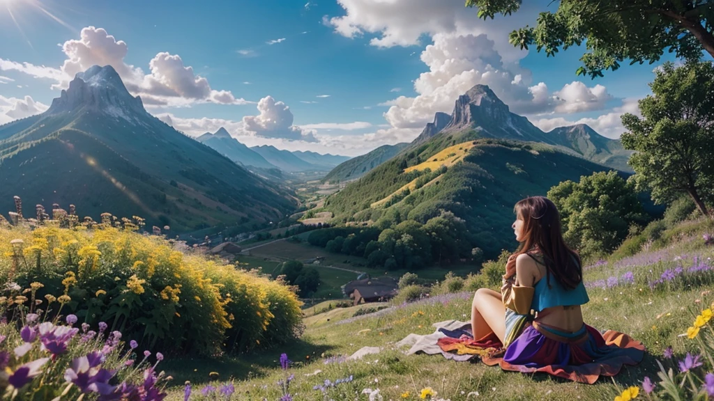 anime-style illustration, The image shows a young woman sitting on the grass watching overlooks the vast expanse of clear blue sky and mountain, flower colorful color blue red green purple yellow, fantasy world medieval, rocks, The scene is depicted in a highly saturated and vibrant style, Vibrant colors include deep purples, electric blues, neon pinks, and shimmering golds. The lighting is ethereal,, intense and rich COLORS VIVID, strong exaggerated colors, glowing everywhere, dramatic lighting, epic, majestic, awe-inspiring, mystical, ethereal, The sky above is clear blue sky, The atmosphere is full of magical color films, High Detail.