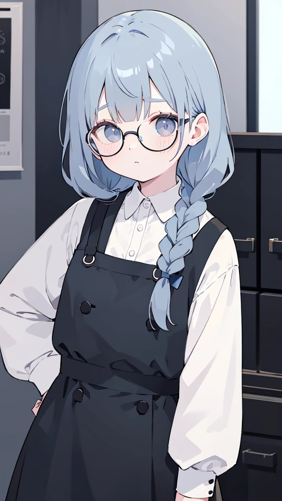 Gray and dark blue hair,With braids,Comes with a pair of thick-rimmed glasses,wearing white clothes,JK black cloth dress,Shor a cute little ,Face shot