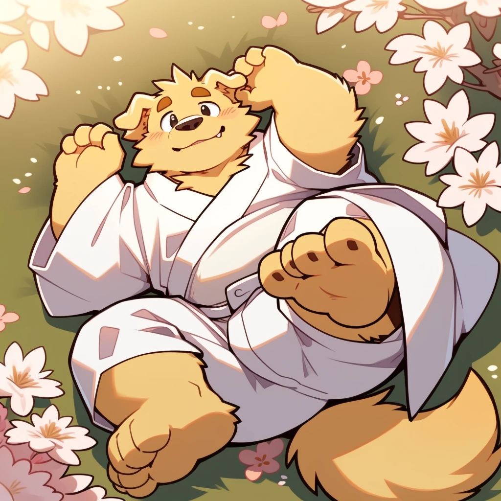 Scribble Golden Retriever face,Cute face,Humanity(Golden Retriever),(White Kimono:1.3),Chubby,(Brown eyebrows:1.1),(Perfect black eyes),（artist:Takemoto Arashi）,(Bulging buttocks)，Cherry blossoms，Wolf Tail，Lying position，Furry Paws。