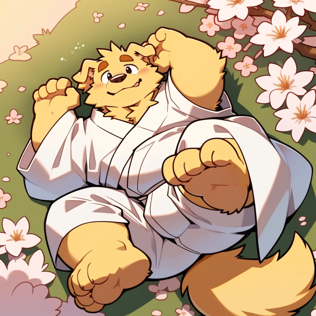 Scribble Golden Retriever face,Cute face,Humanity(Golden Retriever),(White Kimono:1.3),Chubby,(Brown eyebrows:1.1),(Perfect black eyes),（artist:Takemoto Arashi）,(Bulging buttocks)，Cherry blossoms，Wolf Tail，Lying position，Furry Paws。