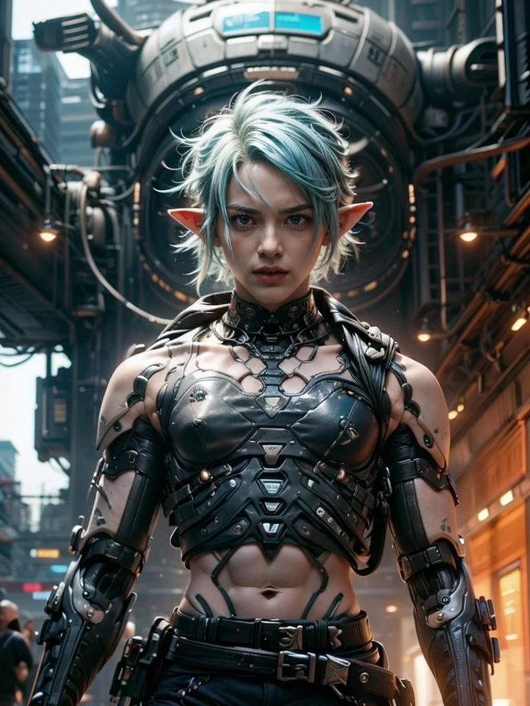 Femboy, cyberpunk style, blue hair, blue eyes, 1boy, elf ears, without , six pack abs