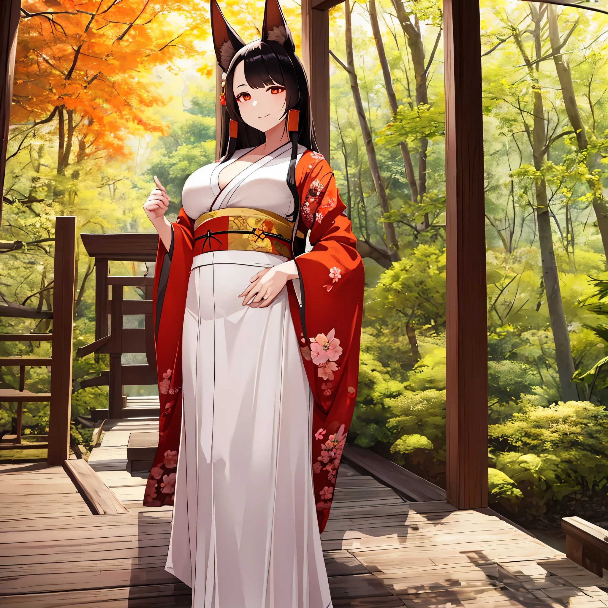 A woman wearing a white kimono with drawings of autumn flowers, walking on a walk in a forest in the autumn period, Japanese shoes, orange eyes, black hair, kitsune ears, kitsune tails, multi-tails, smiling, big breasts, posture standing, daytime location, a view of the forest, background with orange filter,.UHD , prime work , accurate , anatomically correct , textured skin , super details , high quality , best quality, 8k, high resolution, bokeh effect. (woman solo)
